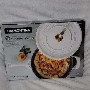 Tramontina 12 Inch Enameled Cast Iron Skillet & Covered Lid • White / Gold • New
